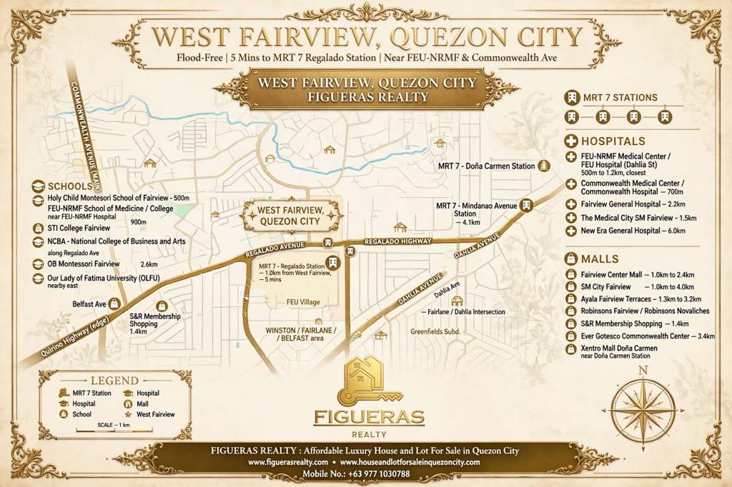 West Fairview Infographic Map | House and Lot for sale in Quezon City near FEU-NRMF Hospital | MRT 7 Regalado Station | Figueras Realty contact: 0977-1030788 | Website: www.figuerasrealty.com | Website: www.houseandlotforsaleinquezoncity.com